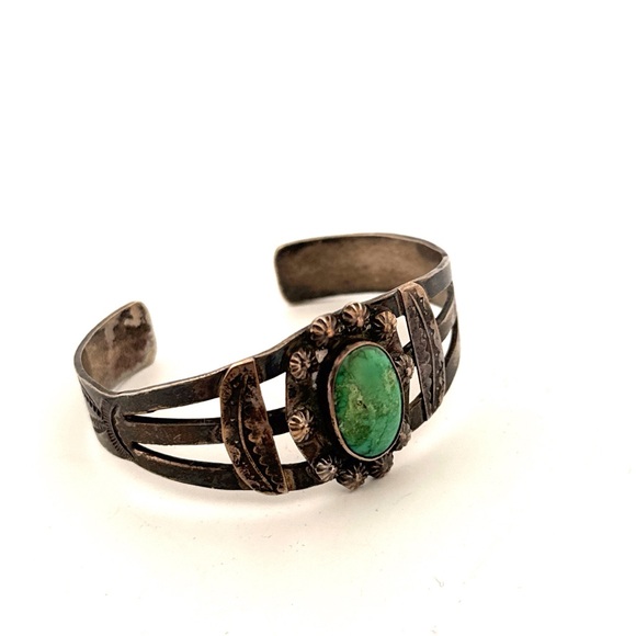 Old Navajo Fred Harvey Era Green Turquoise Chief Head Cuff Bracelet Sterling - Picture 3 of 6